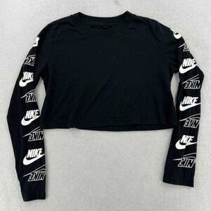 NIKE Women's Crop Logo Print Long Sleeve Crewneck Black Pullover Size Medium